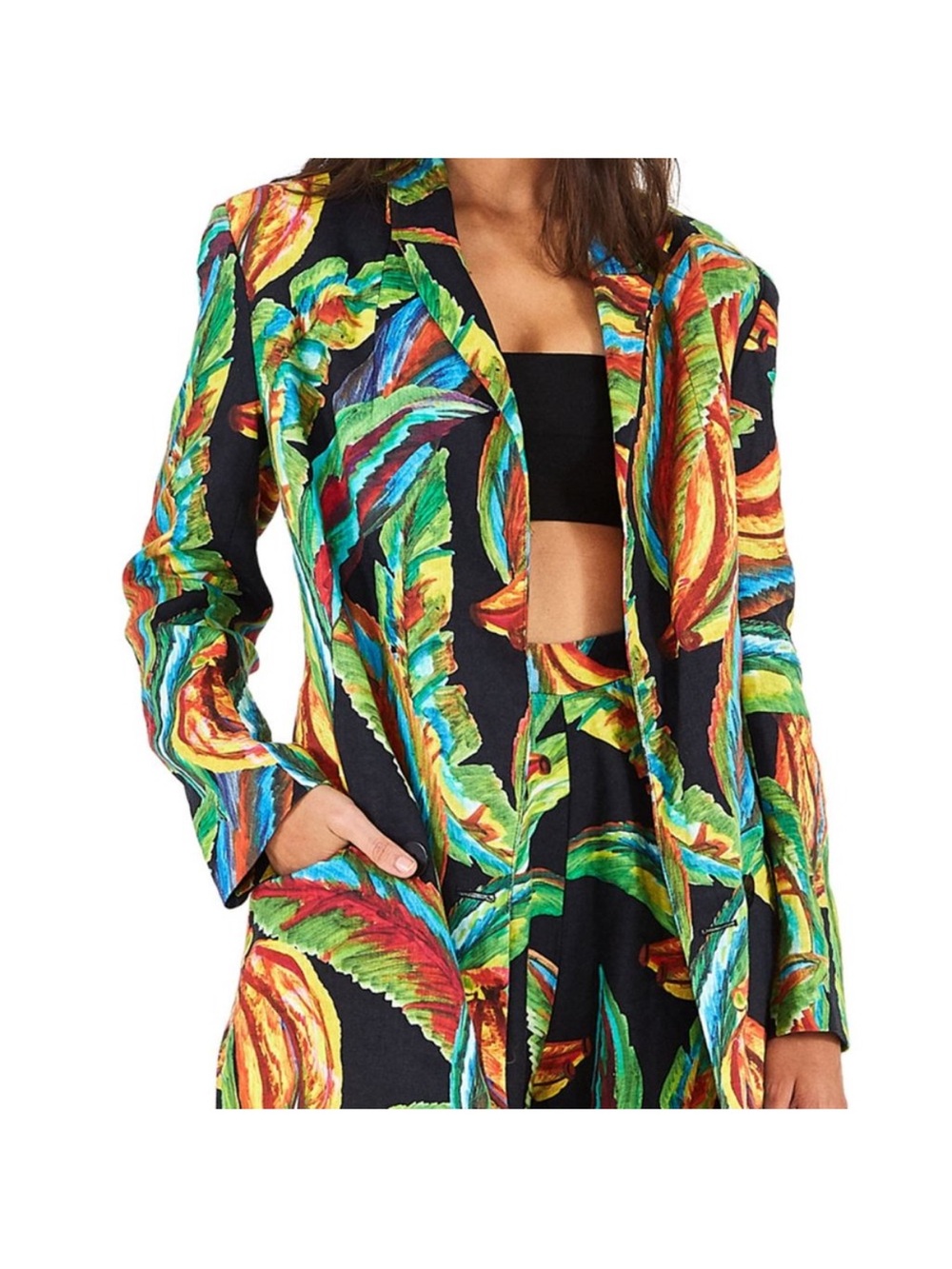 Farm Rio Preta Banana Linen Blazer Black Multi Jacket Button Front Sz L NEW